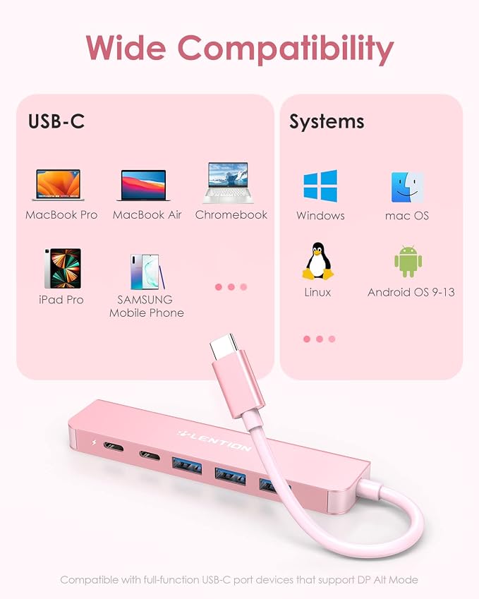 LENTION USB C Hub, Multiport with 4K@60Hz HDMI, 3xUSB-A Ports, USB-C Data Port, 100W PD Port, Compatible New MacBook Pro/Air, iPhone 17 Pro/Pro Max, Surface, Chromebook, More(CE35p, Rose Gold)