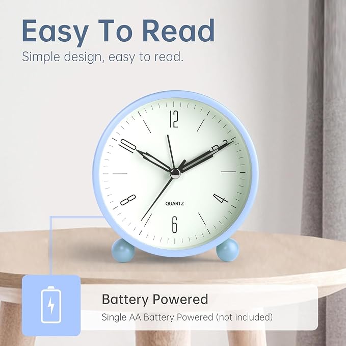 Analog Alarm Clock, 4 inch Super Silent Non Ticking Small Clock with Night Light, Battery Operated, Simple Design, Old fashioned Style SkyBlue decor, for Bedroom, Bedside, Desk, Adult, Gift, Blue