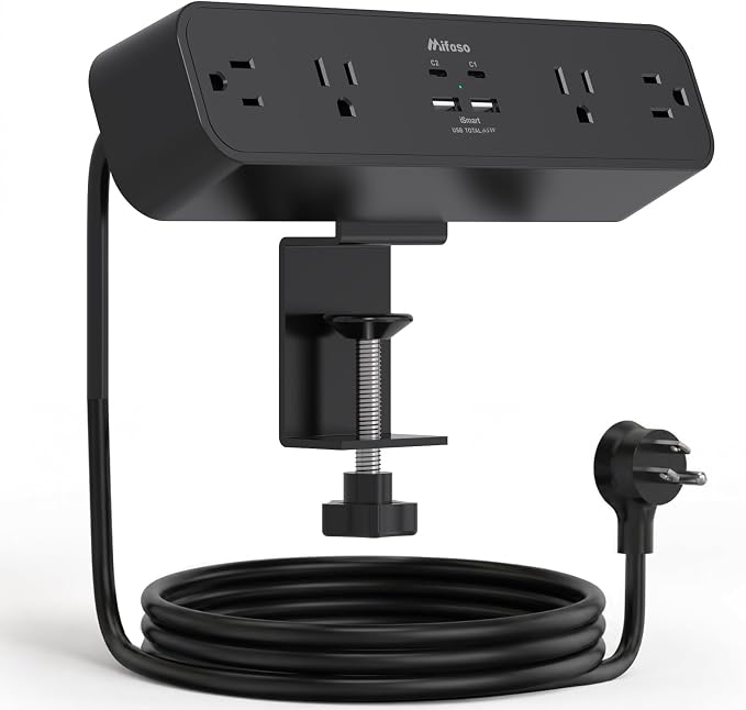 Mifaso PD65W Desk Clamp Power Strip, 1080J Surge Protector, 2 USB C | 4 Outlets, 5FT Extension Cord, Desk Organizer Gaming Accessories Office Essentials, Fit 1.96" Desk Edge, Black