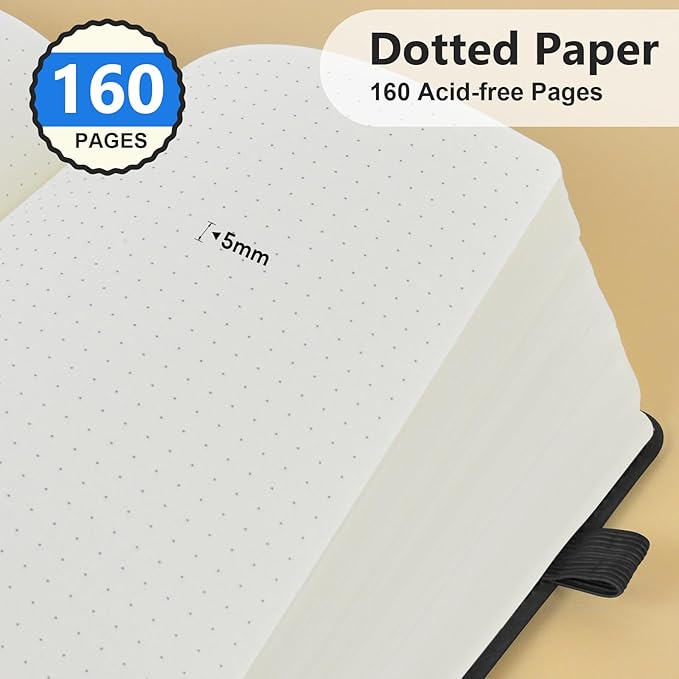 PERCUN Dotted Journal Notebook for Men & Women, 160 Pages Dot Grid notebook, A5 Hardcover Leather Bullet Journaling for Writing, Work, School, Travel, Daily Diary 5.9" x 8.5" (Black)