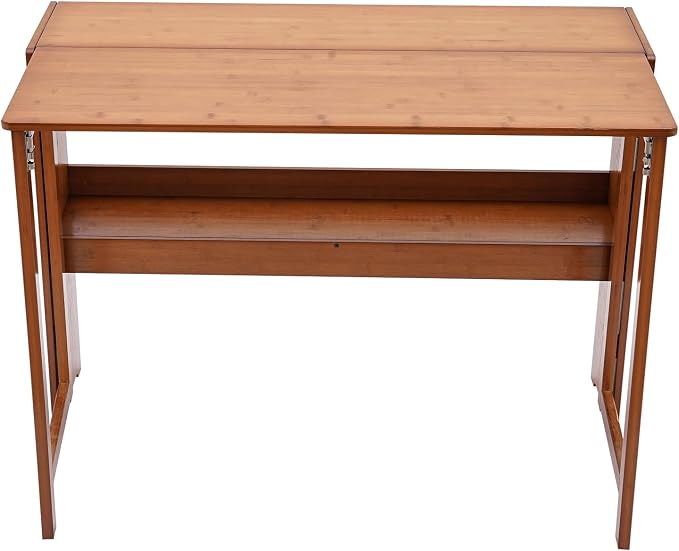 Bamboo Folding Desk, Laptop Desk Writing Desk with Storage Shelf Vanity Table Small Computer Table Space Saving Workstation for Home Office