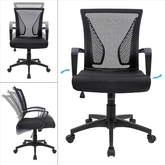 Furmax Office Chair Ergonomic Computer Desk Mesh Chair Mid Back Swivel Lumbar Support with Armrest (2, Black)
