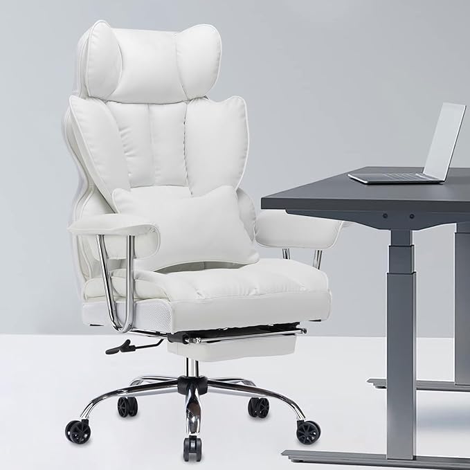 Efomao Big and Tall Office Chair, 400lbs Heavy Duty High Back Executive Chair with 23.6" Extra Wide Seat, PU Leather Desk Chair with Footrest and Padded Armrests, White