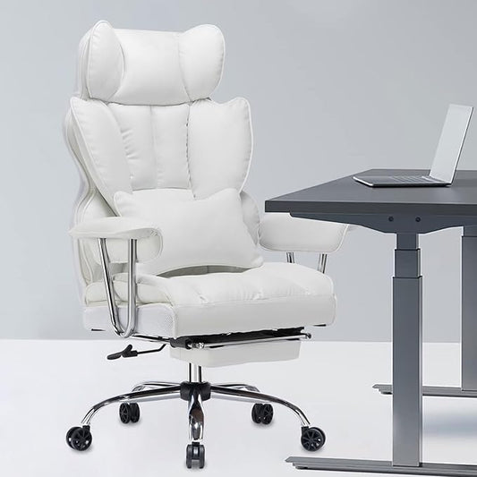 Efomao Big and Tall Office Chair, 400lbs Heavy Duty High Back Executive Chair with 23.6" Extra Wide Seat, PU Leather Desk Chair with Footrest and Padded Armrests, White