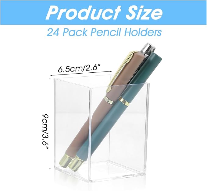 24 Pack Clear Acrylic Pen Holders – Multipurpose Desktop Organizer for Pencils, Makeup Brushes, Stationery & Office Supplies (2.6” x 2.6” x 3.6”)