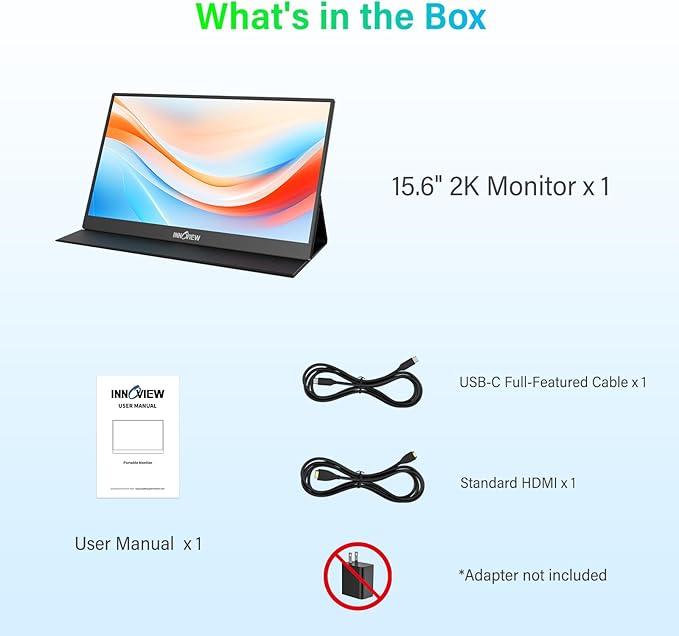 InnoView Portable Monitor 15.6" 2K QHD for Laptop with Protective Sleeve, Built-in 90° Adjustable Stand USB C HDMI Ultra-Slim Portable Laptop Monitor for MacBook Phone PS Xbox Switch