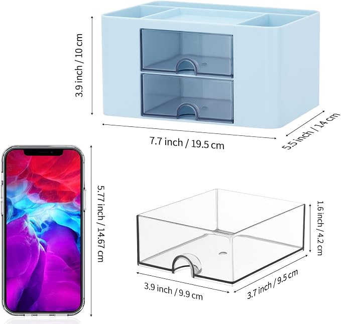 Desk Organizer with 2 Drawer, Plastic Desktop Pen Pencil Card Holder Storage Box for Desk, Office Supplies, Vanity Table Office School Home (Blue)