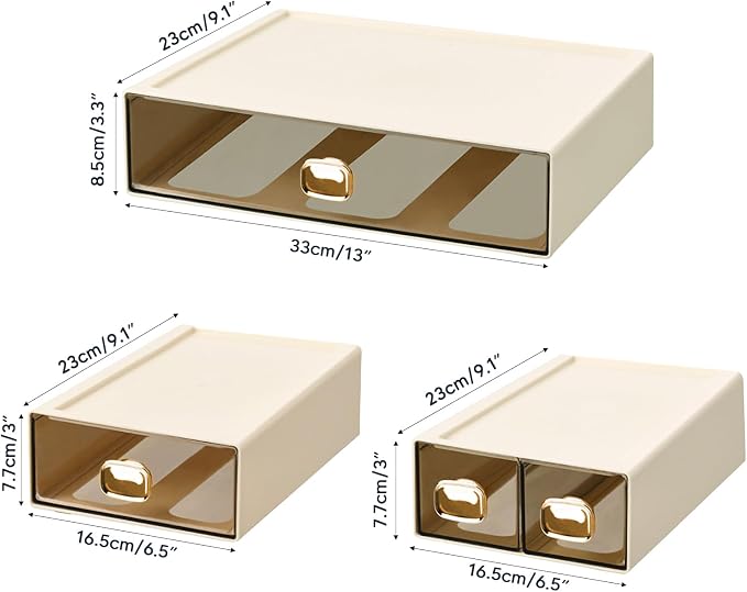 2PACK Stackable Desktop Storage Organizer Plastic Desk Organizer with Drawer Stacking Drawer for Home, Makeup, Vanity, Garage,Office, and Small Organization(M - 2 Drawer, Cream White)