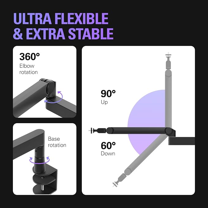 Elgato Wave Mic Arm Pro - 360° Rotatable Low Profile Gas Spring Microphone Arm, Works with Elgato Mics/Shure SM7B/HyperX QuadCast/Rode/Blue Yeti & more – For Broadcasting/Podcasting/Streaming