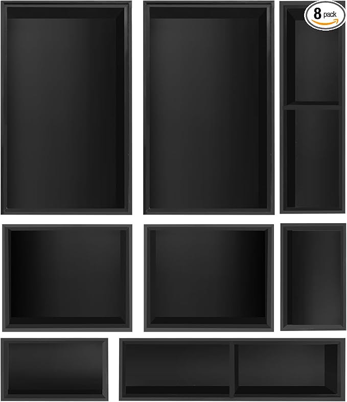 Bamboo Drawer Organizer Set, 8 PCS Black Multi-Use Drawer Storage Boxes, Junk Drawer Organizer Divider Bins for Bathroom, Kitchen, Office Desk, Makeup, Jewelry, Utensils