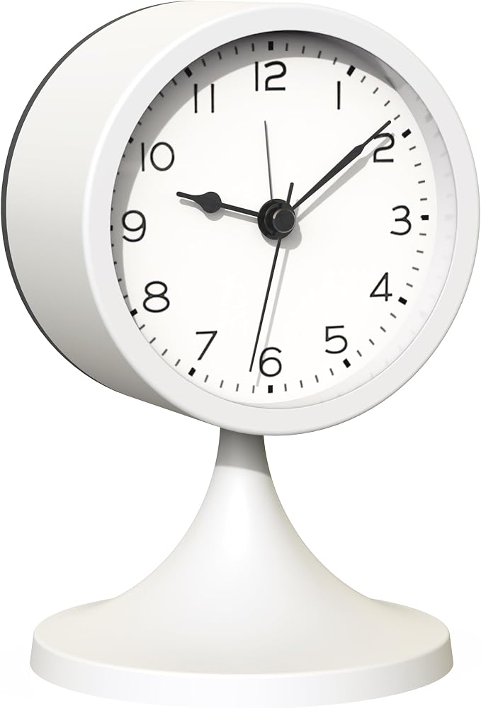 AYRELY® 3" Analog Alarm Clock, Retro Small Clock, Desk Clock for Bathroom | Cute Battery Operated Table Clock with Silent Movement and Light for Bedroom, Bedside, Living Room Decor and Shelf (White)