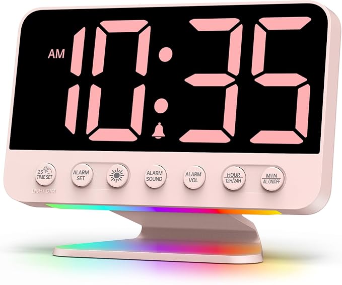 Odokee Digital Alarm Clocks for Bedrooms with Large Bold Number | Pink Alarm Clock with 8 Night Lights & Dimmable Display - Cute Alarm Clock with 5 Sounds for Girls Teens Kids - Sakura Pink