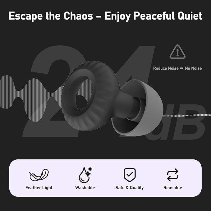 Noise Cancelling Ear Plugs for Personal Use, Sleeping, Concerts & Travel – Reusable Silicone Earplugs for Noise Reduction & Hearing Protection – 4 Pairs, Black + Black