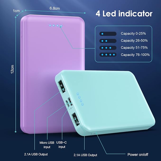 [2 Pack]Portable Charger Power Bank 10000mAh,Slimmer USB C Fast Charging Portable Phone Charger,Travel Essentials Backup External Battery Pack for iPhone 17/16/ 15/14/13/12,Galaxy,Android-Green+Purple