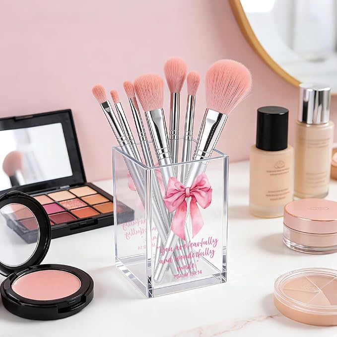 You Are Fearfully And Wonderfully Made Acrylic Pencil Pen Holder Cup, Psalm 139:14 Makeup Brush Storage Organizer, Cute Bow Desk Accessories Holder, Graduation Gifts for Daughter Niece