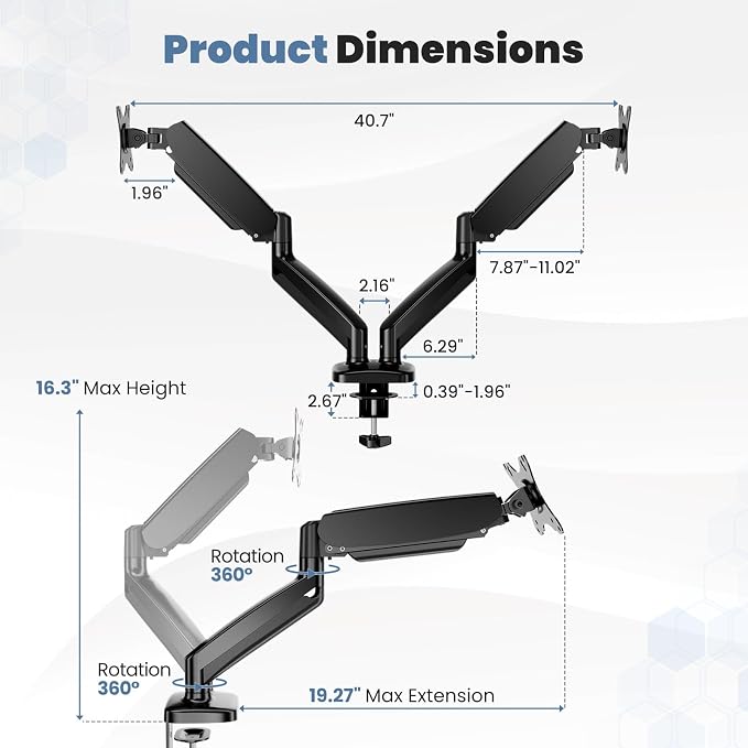 OLIXIS Dual Monitor Stand for Desk, Gas Spring Monitor Arm for 2 Monitors Max 32 Inches, Fully Adjustable Double Mount, VESA Mount with C-Clamp/Grommet Base, Holds Screen 17.6 lbs