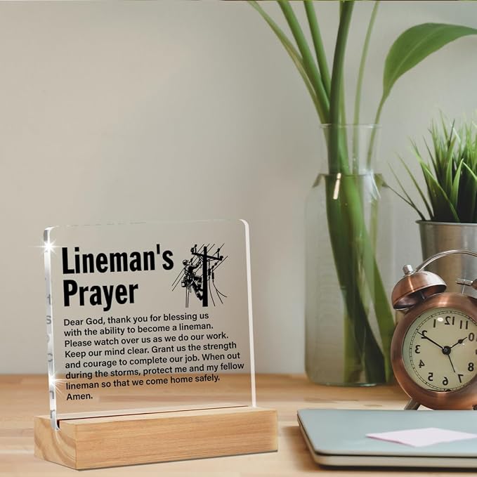 Lineman Gifts Desk Accessories Decor Sign for Line Worker | Graduation Gift, Lineman Prayer, Home Office Desk Decorative Sign, Clear, Acrylic, 4 x 4 Inches