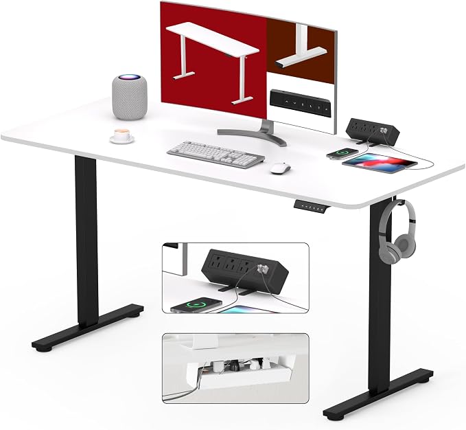 SANODESK Electric Standing Desk with Desk Clamp Power Strip 48"x 24" Whole-Piece Desktop Height Adjustable Stand Up with Cable Management Sit Stand Home Office Desk Black Frame/White Top