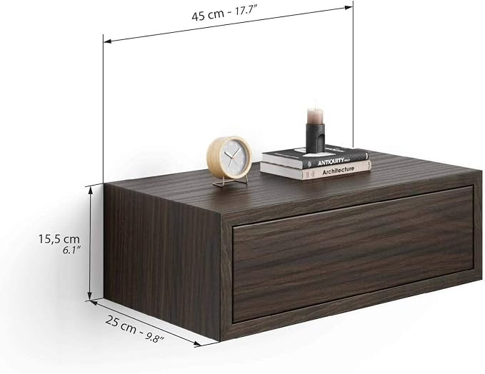 Mobili Fiver, Riccardo Wall Bedside Table, Dark Walnut, 17.7" x 9.8" x 6.1 ", Melamine-Finished, Modern Bedside Table, End Table, Italian Furniture