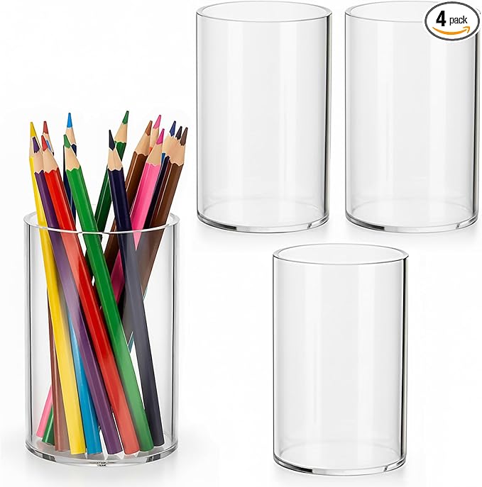 Peohud 4 Pack Acrylic Pen Holders, Clear Thick Pencil Cup, Round Makeup Brush Holder, Desktop Stationery Organizer for Desk Accessories Office School Home Supplies