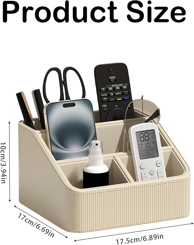 Buqoo Coffee PU Leather Desk Organizer with Gold Accents | 4-Compartment Remote Holder & Stationery Caddy for Office/Nightstand (6.89in×6.69in×3.94in)
