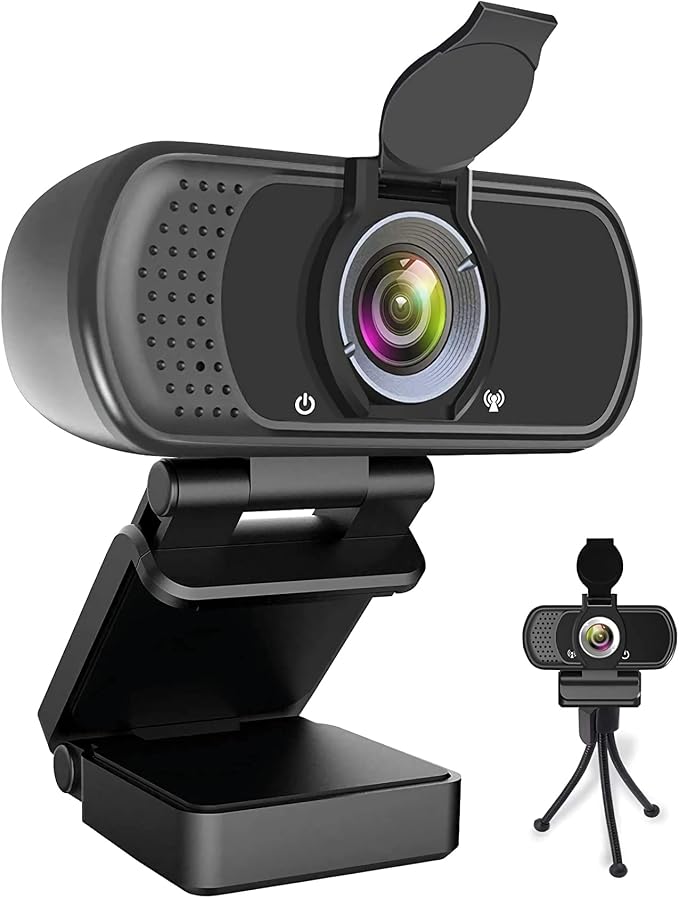 1080P Webcam with Microphone, HD Web Camera with Tripod Stand, Auto Light Correction, Privacy Cover, 110° FOV, Plug&Play Computer USB Camera for Zoom/Teams/Facetime/YouTube/Google Meet/Switch