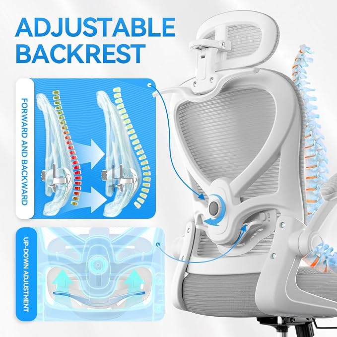 Freepub Ergonomic Office Chair with Headrest 3D, Mesh Office Desk Chair with Adjustable Lumbar Support, Computer Chair with Flip up Armrests, 350LBS Capacity - Design for Home/Offices - Grey