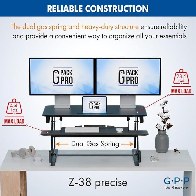 Standing Desk Converter 38 Inch, Height Adjustable to 17.3 Inches | Dual Monitor Work Surface With Keyboard Tray, Steel Frame, and Smooth Manual Lift for Home Office Setups