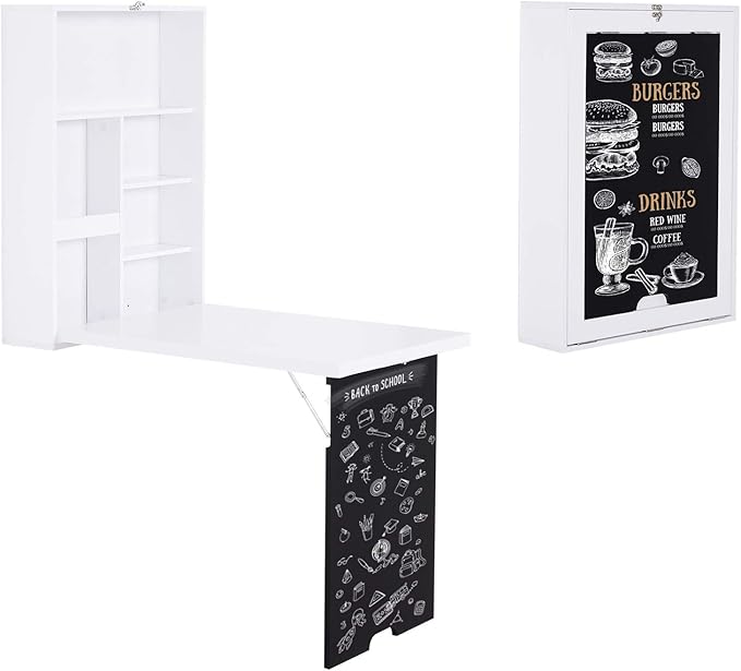 Wall Floating Desk with Storage, Foldable Hidden Desk with A Blackboard, Hideaway Fold Out Desk, Pull Out Murphy Table, Wooden Writing Table for Home Office Bedroom Small Spaces Apartment (White,)