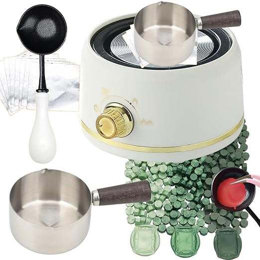Electric Wax Seal Melting Furnace Warmer Kit, Sealing Wax Warmer Electrical with a 80ml Large Spoon, a Non-Slip Melt Scoop Great Tool for Melting Waxs Seals Sticks Beads (300 Green White Kit)