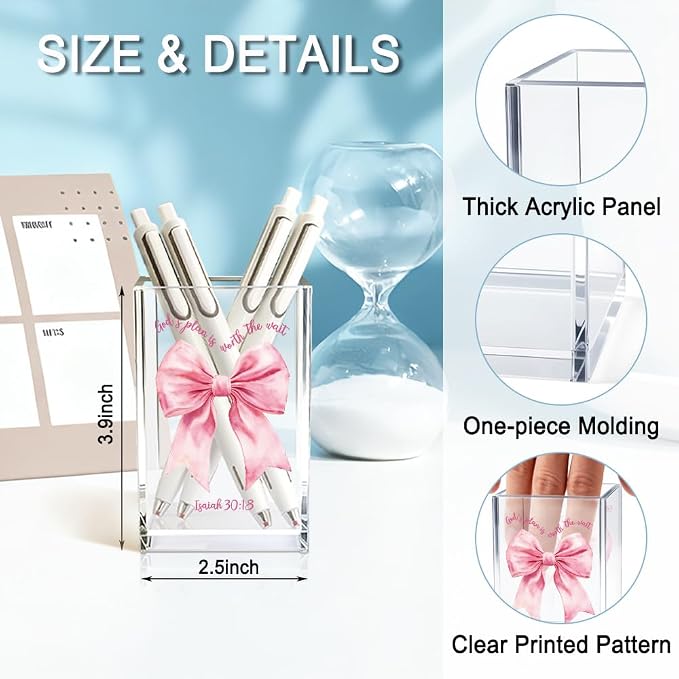 God's Plan is Worth The Wait Acrylic Cosmetic Holder, Pink Bow Clear Makeup Brush Holder Countertop, Storage Box for Makeup, Christian Bible Verses Birthday Gifts for Women Girlfriend Her