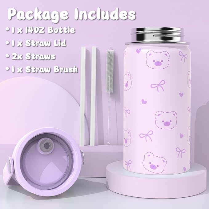 ACESAK Backpack for Girls with Insulated Water Bottle - 4 PCS Cute Girls Backpack with Lunch Box, Pencil Case & Kids Cup Set - 14oz Kids Water Bottle with Straw Set Back to School Supplies (Purple)