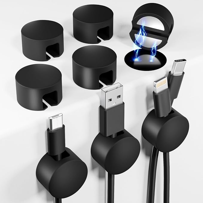 Viaky 8-Pack Magnetic Cable Holder Black,Large Magnetic Cable Management | Silicone Magnetic Cable Holder,Reusable Cord Organizer,Strong Cable Clips Magnets for Nightstand,Desk Wall,Car,Office,Home