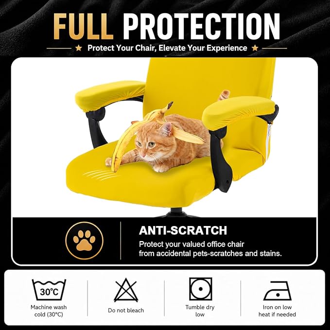 Stretch Computer Office Chair Cover with Armrest Covers Durable Zipper Universal Washable Removable Spandex Rotating Boss Chair Slipcovers Anti-dust Soft Desk Chair Seat Protector, Yellow