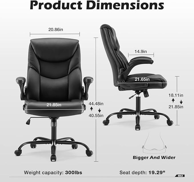 DUMOS PU Leather Office Chair - Ergonomic Executive Computer Desk Chairs with Adjustable Flip-up Armrest, Swivel Task Chair with Lumbar Support, Strong Metal Base,Inky