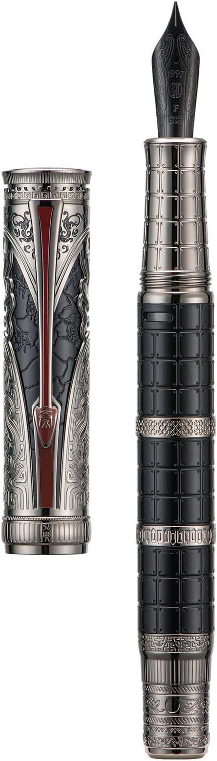 HONG DIAN D5 Qin Dynasty Fountain Pen Black Silver, Fine Nib Piston Filling Pen, Retro Chinese Totem Engraving Smooth Writing Pen with Pen Box Set
