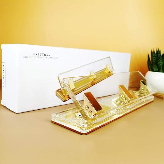 Acrylic and Gold Standard 3 Hole Punch,10 Sheet Capacity, Desktop Hole Puncher 3 Ring, Office Desktop Accessory,Clear/Gold