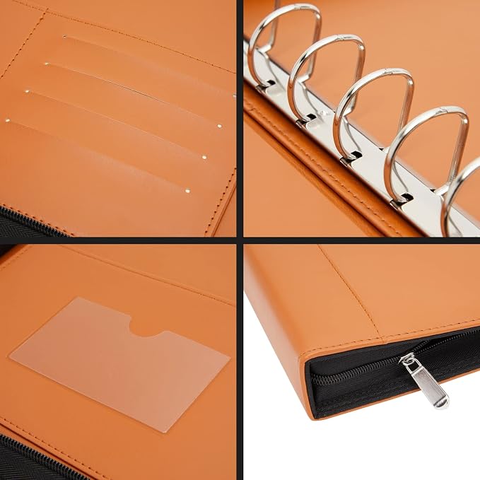 7-Ring Business Check Binder with Zipper for Checkbooks Organization, Brown Zippered Portfolio Organizer, Professional PU Leather Folder Holder for Documents, Cards (15 x 11 x 0.01 inches)