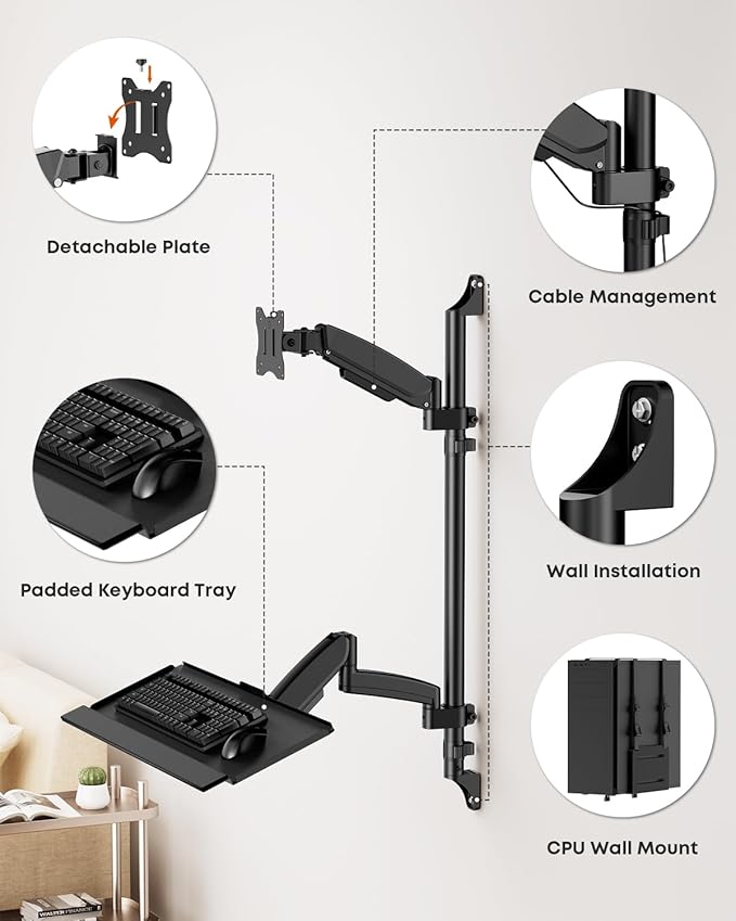 Wall Mount Sit Stand Workstation with Single Monitor Mount, Keyboard Tray and CPU Holder, Height Adjustable Full Motion Arms for 13-32 inch Screens, VESA 75x75, 100x100, Black