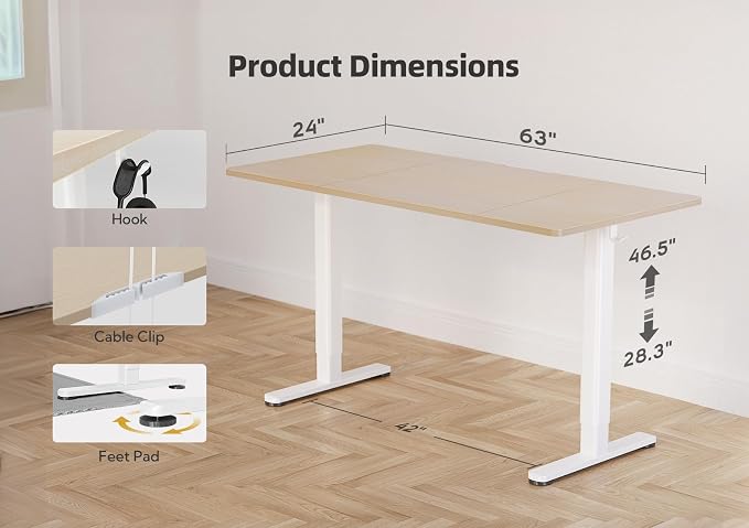 YDN Electric Standing Desk Adjustable Height, 63 x 24 Inches Stand up Desk with Cable Management, Home Office Desks with Splice Board & White Frame, Nature Top