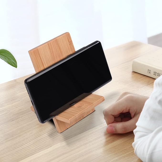 Mobile Stand Japanese Style Cellphone Holder Desktop Organizer Charging Station Compatible with All Smartphones Tablets Natural Bamboo Wood Portable Adjustable Angle (Plain-Hole)