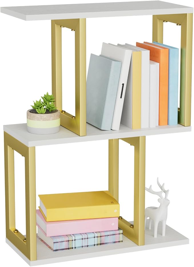 BOHDK Book Shelf, 3-Tier Small Bookshelf for Desk Organizer Corner Bookshelf Table Top Shelving, White & Gold Decor Aesthetic Desk Hutch for Office Home Dorm