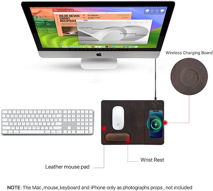 Hiram Premium Crazy Horse Leather Mouse Pad with 15W Wireless Charging - Ergonomic Wrist Rest, Waterproof, and High-End Cowhide Touch(12in x 9in)