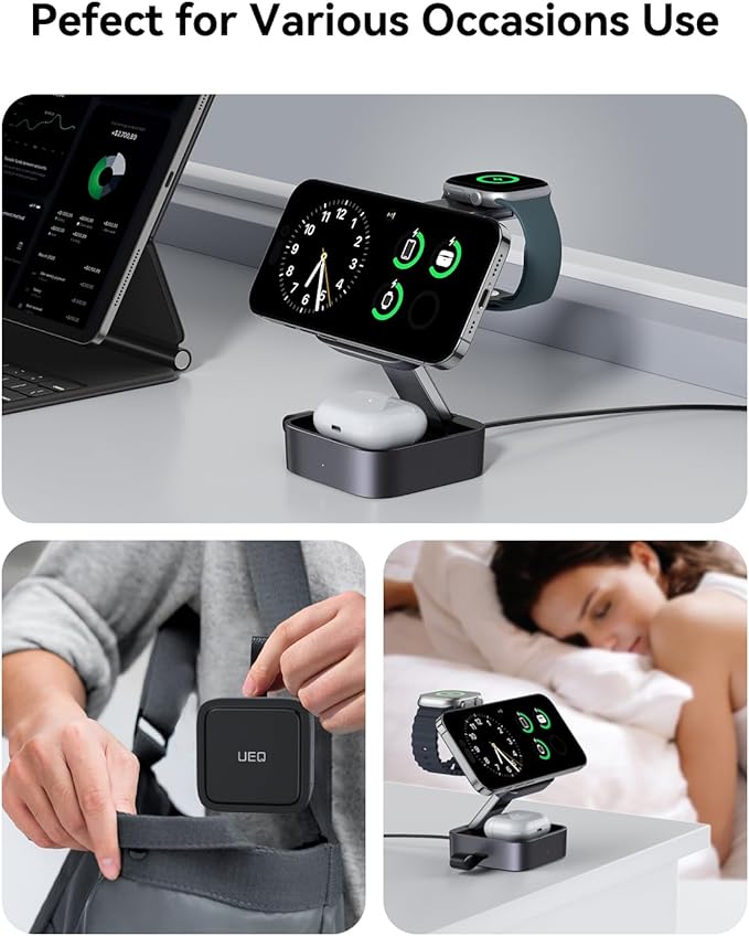3 in 1 Wireless Charging Station for Apple Devices,Compatible with MagSafe Charger Stand,Foldable Fast Travel Magnetic Wireless Charger for iPhone 17 Air 16 15 14 13 12,Apple Watch&AirPods Pro