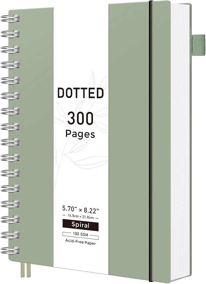 RETTACY Dotted Journal Notebook, 300 Pages, A5 Medium Size (5.7'' × 8.2''), 100 GSM Thick Paper, Flexible Plastic Cover, Spiral-bound, for Journaling, Planning, Tracking (Sage Green)
