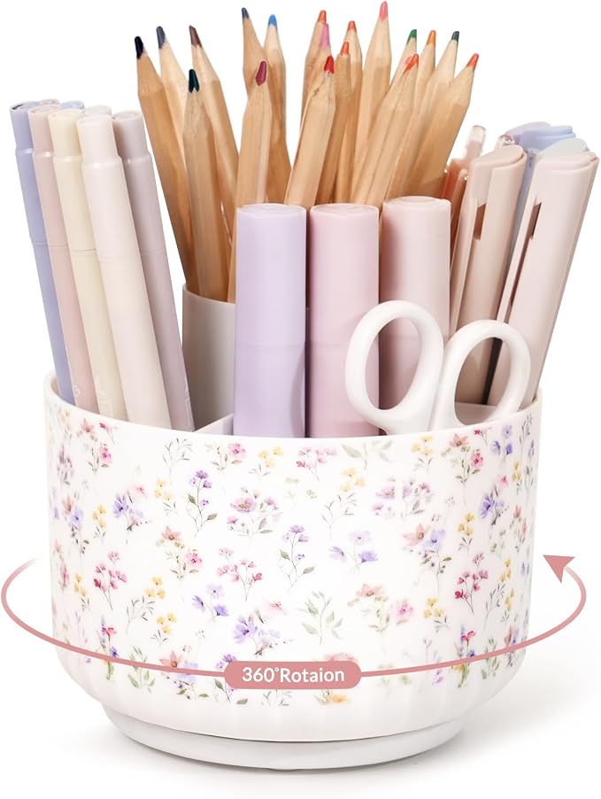 SKYDUE Rotating Pencil Pen Holder for Desk, Pencil Cup with 5 Slots | 360 Degree Rotating Desk Organizer, Desk Decor for Office, School, Home