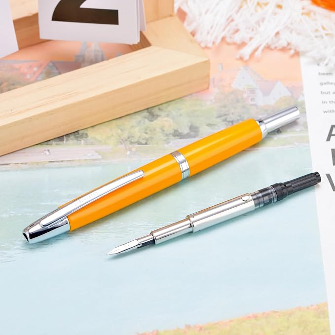 Jinhao 10 Press Fountain Pen with Box, Orange Retractable Fine Nib with Converter Set (Silver Clip)