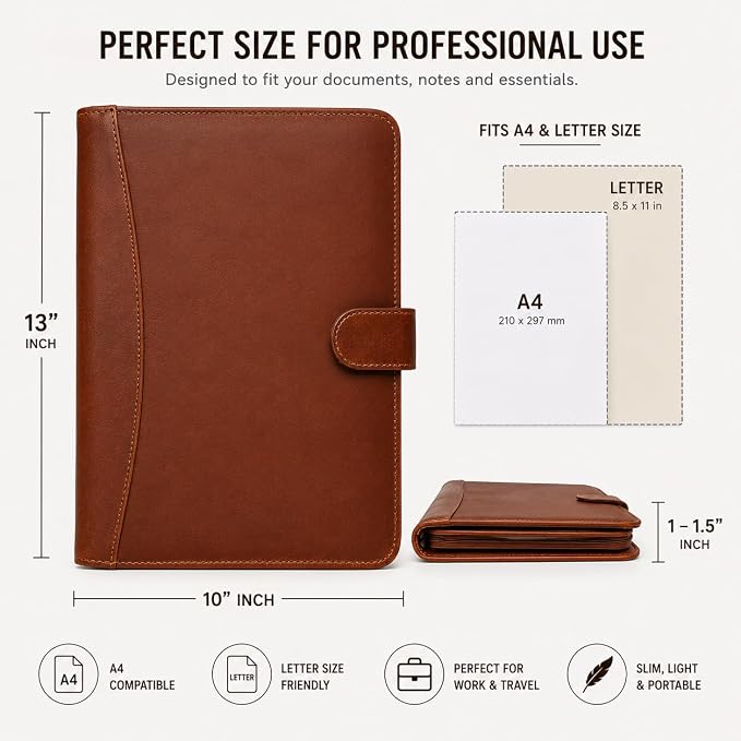 Leather Portfolio Padfolio Organizer – Professional Resume & Interview Portfolio Folder with Zipper Pocket, Card Slots & Pen Holders – Genuine Leather Business Portfolio Binder for Documents