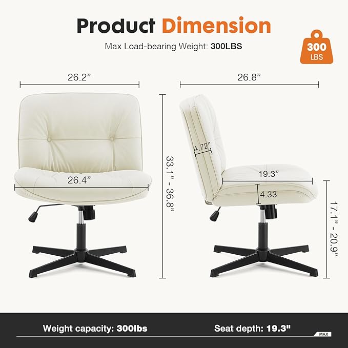 Sweetcrispy Criss Cross Armless Office Chair - PU Leather Adjustable 360° Swivel Wide Seat with Thick Padding, Ergonomic Rolling Computer Desk Task Chair for Modern Vanity & Makeup
