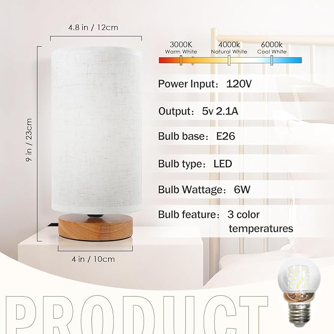 3-Color Adjustable Bedside Table Lamp for Bedroom,Minimalist Wood Base&Round Fabric Shade,Cozy Lighting Nightstand Boho Lamp,Study Reading Desk Night Stand Light for Living Room,Office,kitchen,Nursery
